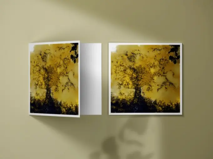 Deux exemplaires de la carte, une entre ouverte sur fond coloré